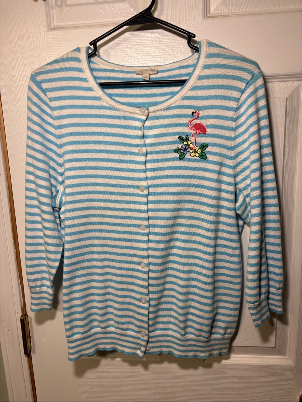 Talbots Blue and White Striped Women’s Button Cardigan with Flamingo Patch